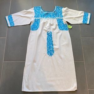 Embroidered Mexican Dress, Cream and Turquoise